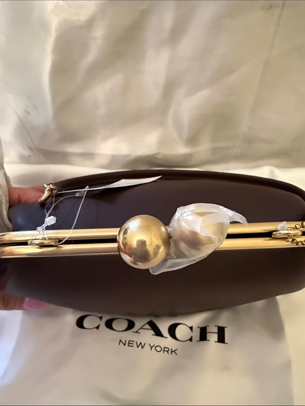 ♥️COACH NWT Maple Kiss lock 16 Leather Frame Top-Handle Bag with Brass Hardware - Picture 4 of 7